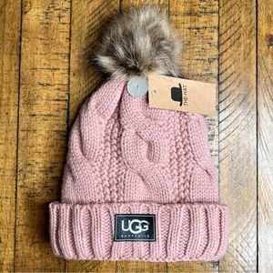 UGG Beanie Pink One Size Cable Knit Pom Pom New with Tags